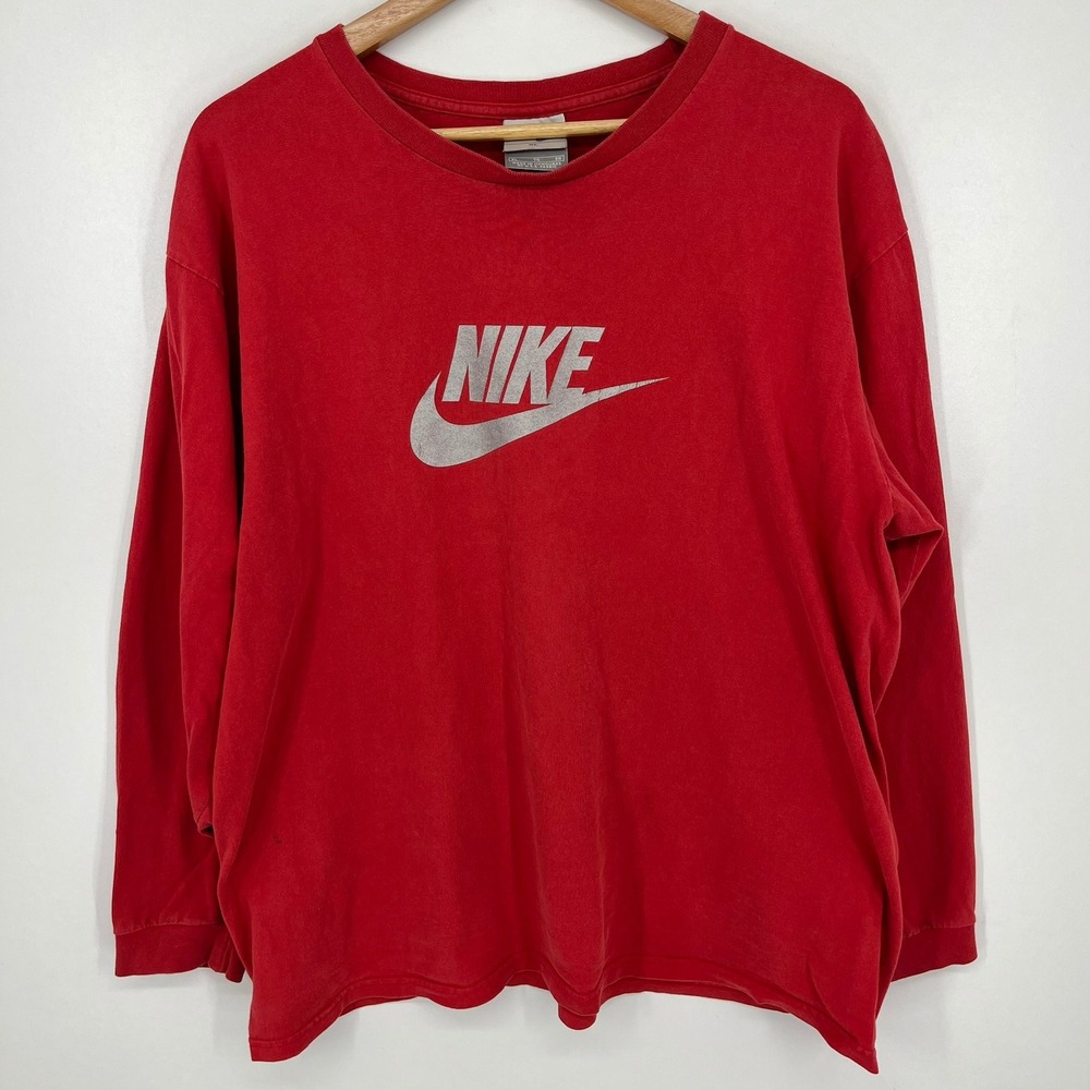 Nike Mens XL Red Long Sleeve Graphic T-Shirt Silver Swoosh Logo Sportswear